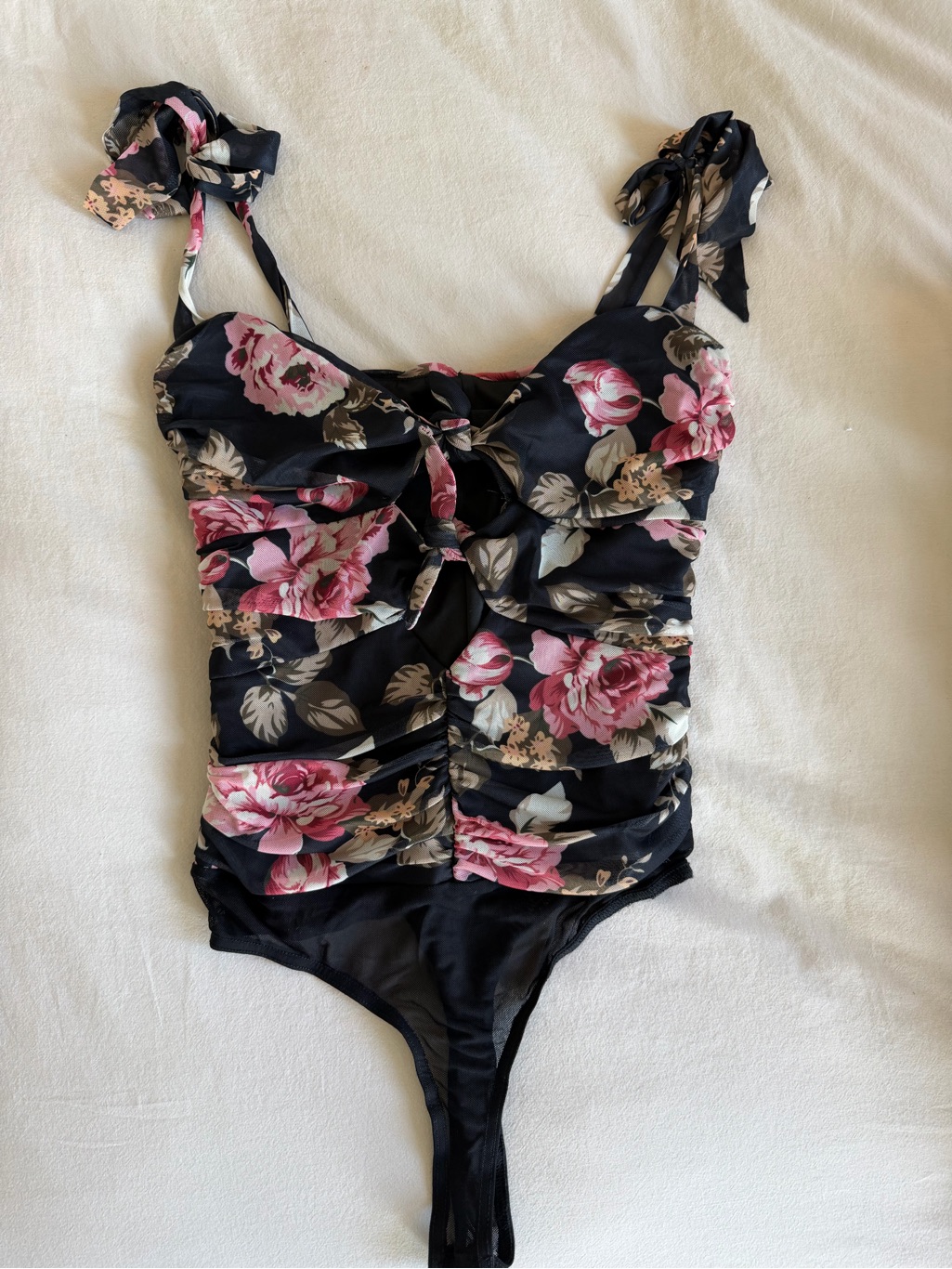 Lulu's Black Floral Tie-Shoulder Bodysuit With Pink Flowers